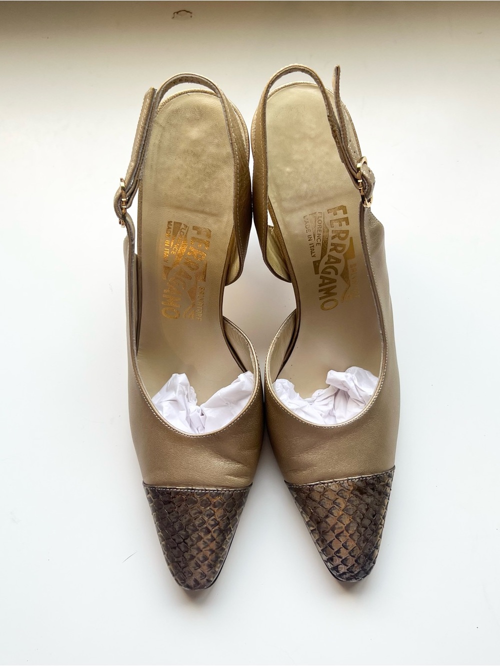 Salvatore Ferragamo Gold Slingback Pump with Snakeskin Toe